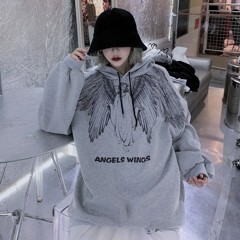 NYOOLO Harajuku Винтаж Крылья ангела с буквенным принтом теплые флисовые толстовки осень зима свободные пуловеры с капюшоном Толстовка для женщин и мужчин