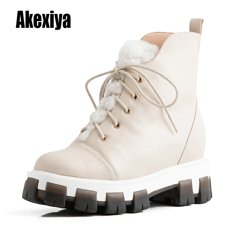 

Genuine Leather Size 34-43 Platform Boots Women Shoes Winter Fur Fashion Round Toe Lace-up Leather Boots Ladies Shoes k945