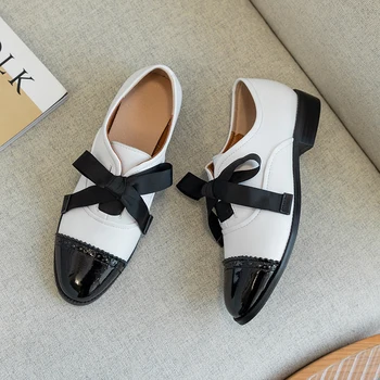 

Women's genuine leather lace-up flats oxfords bowtie carving british style round toe female footwear high quality shoes women