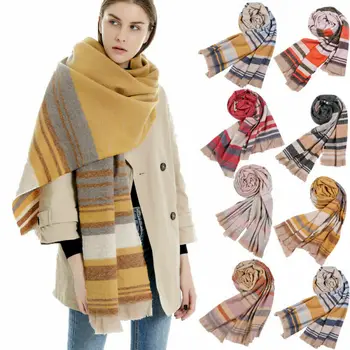 

Fashion Ladies Oversized Cashmere Wool Stripe Pashmina Scarf Winter Warm Casual Color Collision Blanket Scarves
