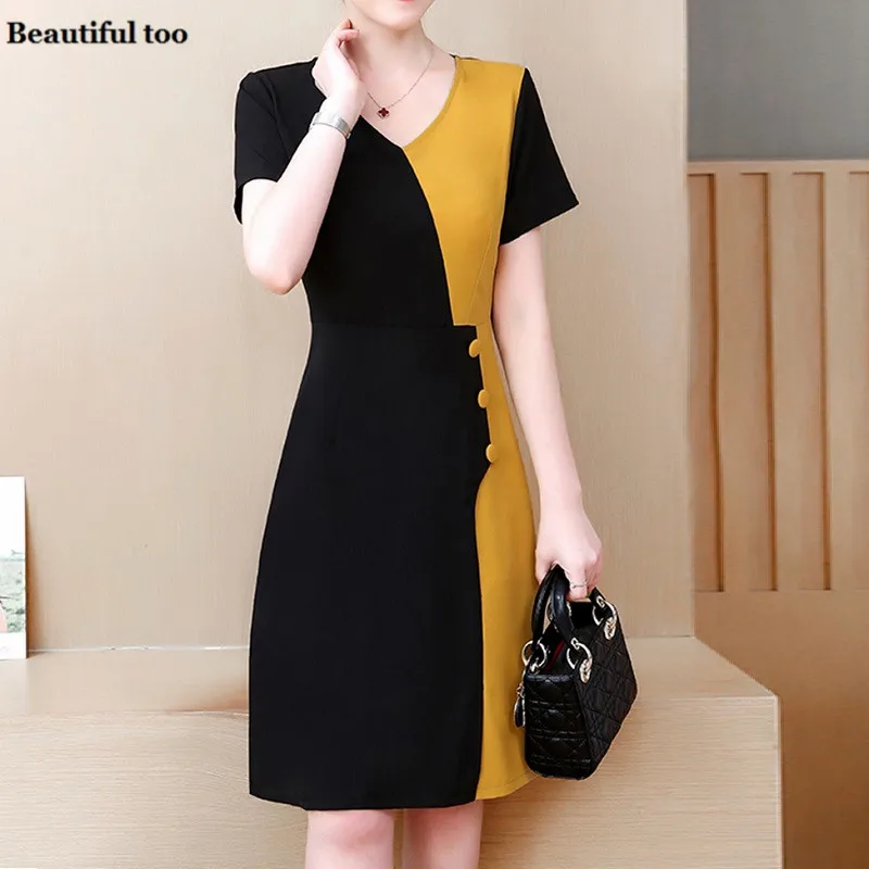 

Women Casual Dress Plus Size Short-sleeved Summer Splicing V-neck Elegant Hepburn Dresses Plain Lady Loose Bandage Dresses L-5XL