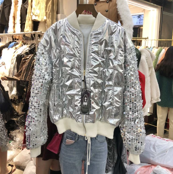 

New Winter Solid Color Metal Glossy Coat Jacket Women's Colorful Sequined Baseball Uniform Short Cotton-Padded Jacket Sport Coat