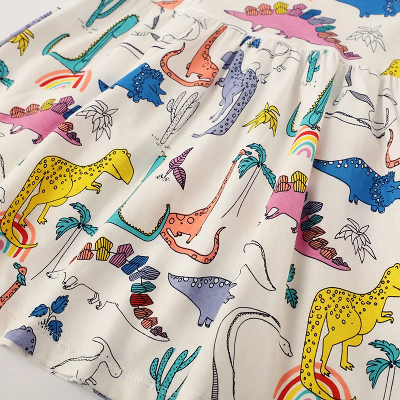 Jumping Meters Dinosaurs Girls Dresses Summer Cartoon Casual Children's Clothes Short Sleeve Kids Princess Dress Frocks