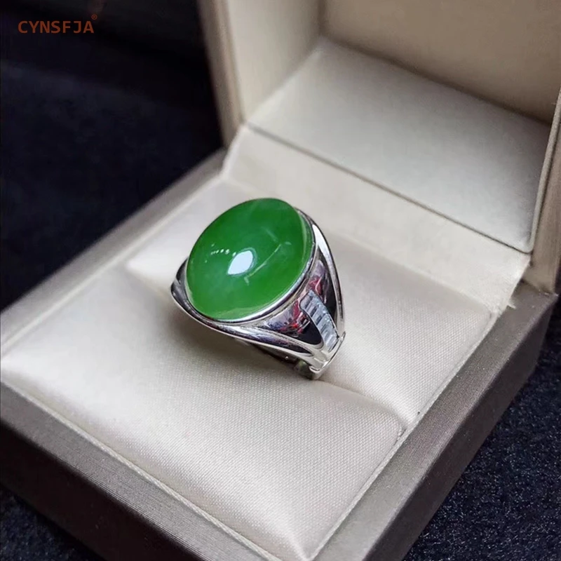 CYNSFJA настоящий Сертифицированный натуральный Хотан Jade Jasper 925 пробы Серебряный Мужской Амулет зеленый нефрит кольца размер регулируемый лучшие подарки