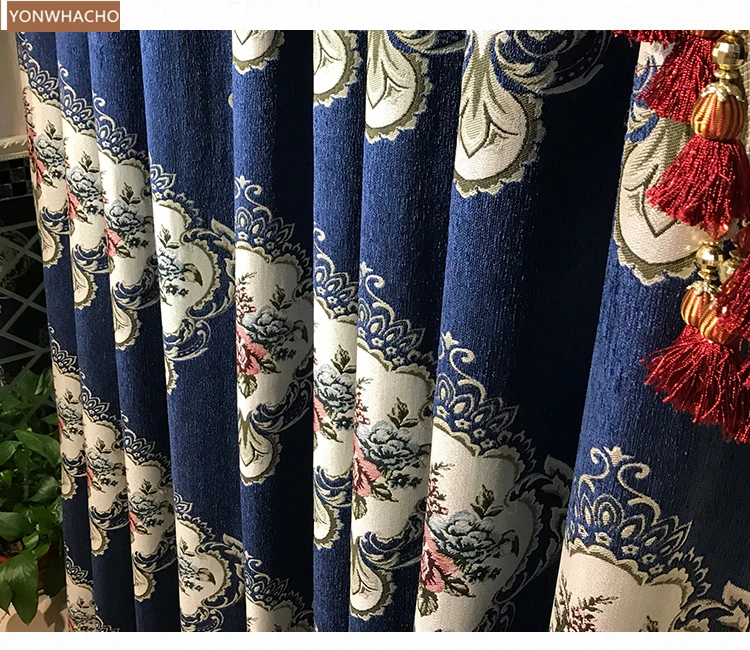 Custom curtain Upscale retro American country chenille thick jacquard blue cloth blackout curtain tulle valance drapes B618