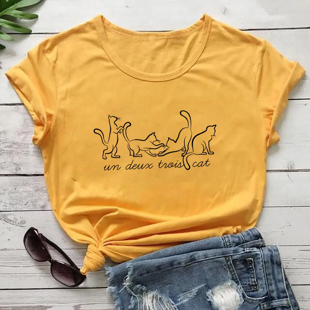 

un deux trois Cute Cats Funny Shirt New Arrival Women Funny Casual 100%Cotton T Shirt Cat Lovers Life Shirt Cat Lover Gift Tee