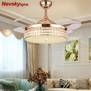 

Crystal ceiling fan with living room led ceiling fan bedroom folding wing Fan dining folding ceiling fan kitchen remote control