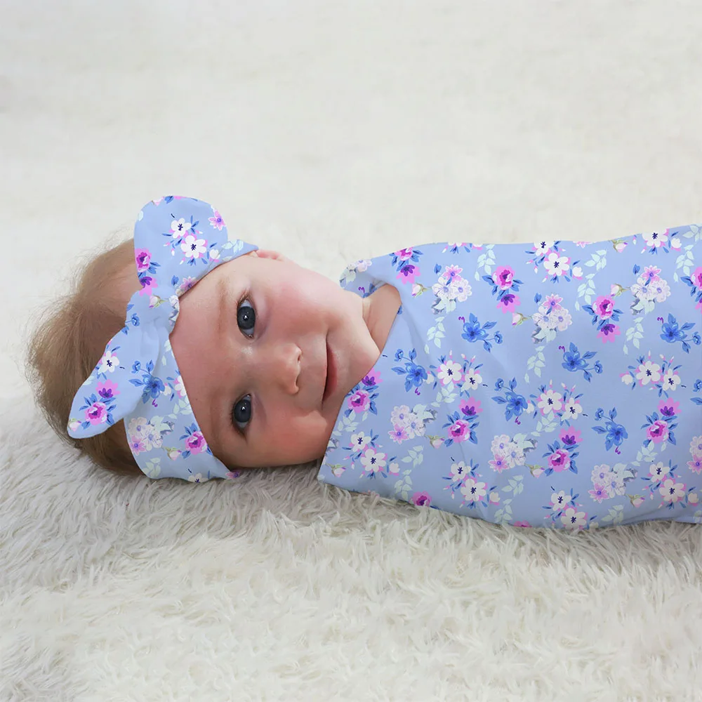 Для малышей, с цветочным узором, пеленка Обёрточная бумага для пеленания Одеяло с повязкой на голову с бантом, 2 штуки в упаковке мягкое новорожденное детское банное цветочный Полотенца для мальчиков и девочек