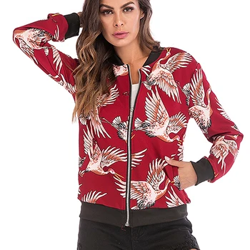 

jacket women Autumn New Style Popular Flying Crane Printed Baseball Uniform Long Sleeve Zipper Jacket chaqueta mujer