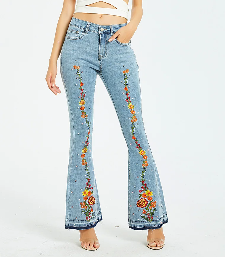 Женские джинсы с вышивкой, оригинальные модные широкие джинсы, женские узкие расклешенные брюки с высокой талией и вышивкой