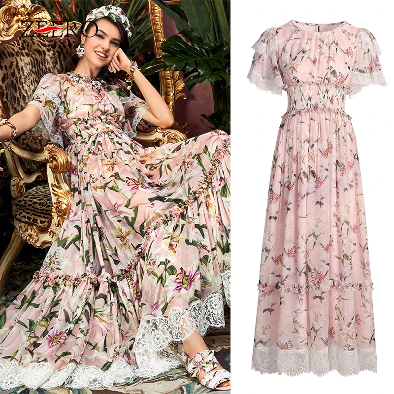 Women Summer 2020 Floral Print Lace Patchwork Runway Long Dresses Elegant Female Vintage Ruffles Maxi Party Vestidos | Женская одежда