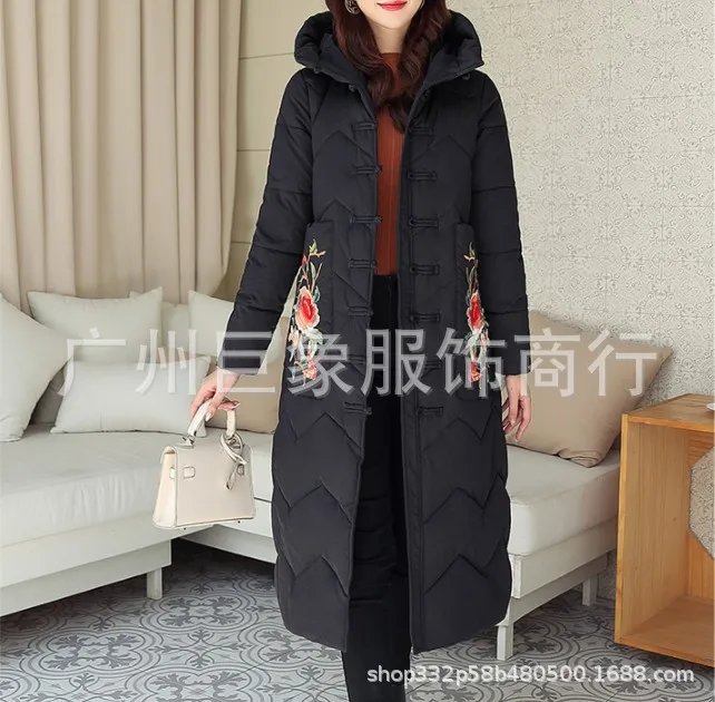 

Cotton-padded Clothes 2019 Winter New Style Long National Wind Retro Embroidery Flower Warm Cotton Coat over-the-Knee Coat