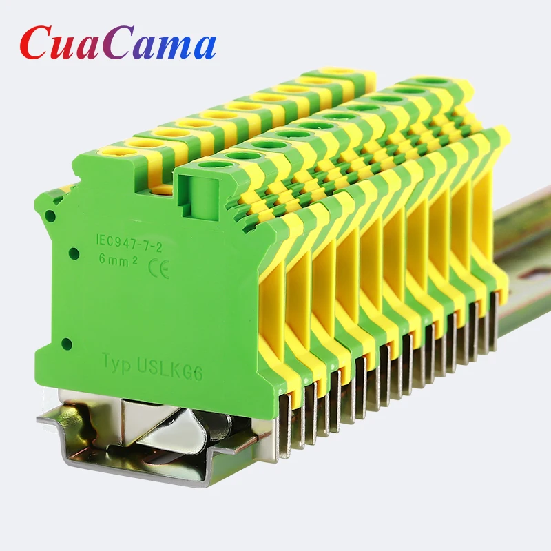 10 Pcs USLKG6 Din Rail Ground Terminal Block  Electrical Wrie Conductor Yellow Green Voltage Guide Connection USLKG-6