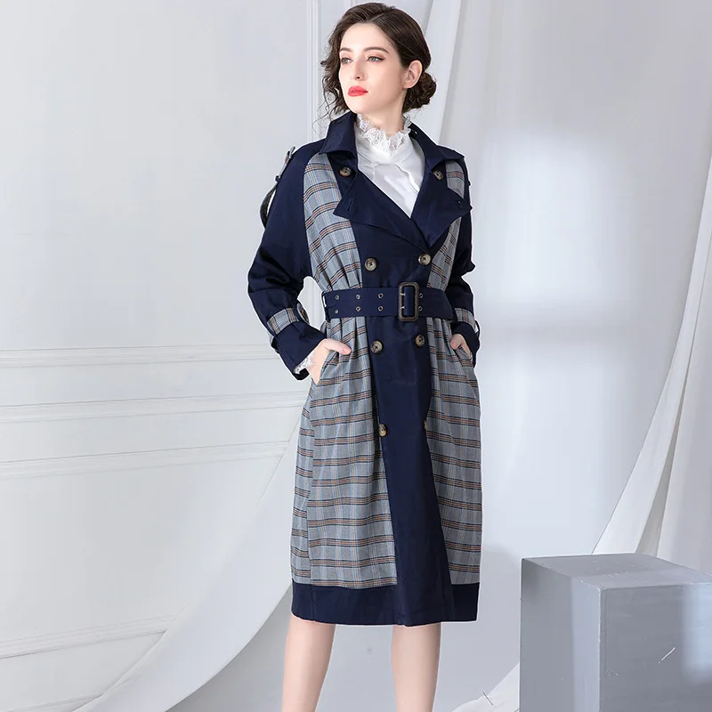 

Autumn new lapel double-breasted vintage plaid stitching trench coat Lace-up waist slimming trench coat d63