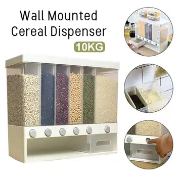 

Wonderlife 10KG Wall Mounted Divided Rice and Cereal Dispenser 6 Moisture Proof Plastic Automatic Racks Sealed Food Storage Box