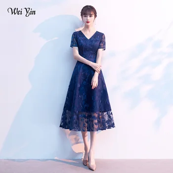

wei yin AE0441 Robe De Soiree Elegant Navy Blue Lace Tea-length Evening Dress Bride Banquet A-line Party Formal Dresses