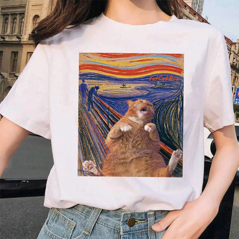 Женская футболка с рисунком кошки Ван Гога, Рисунок маслом, решетка, принт, новинка, Милая женская футболка, Повседневная футболка Harajuku, забавная футболка ulzzang grunge