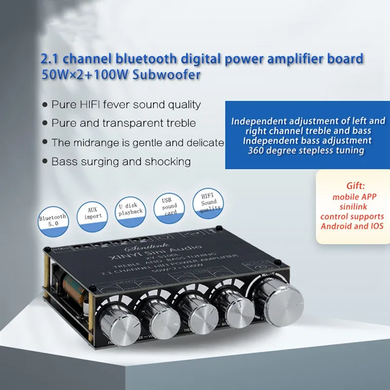 

S100L Bluetooth 5.0 2.1 Channel Power Audio Stereo Subwoofer Amplifier Board 50WX2+100W Treble Bass note tuning AMP Amplifiers