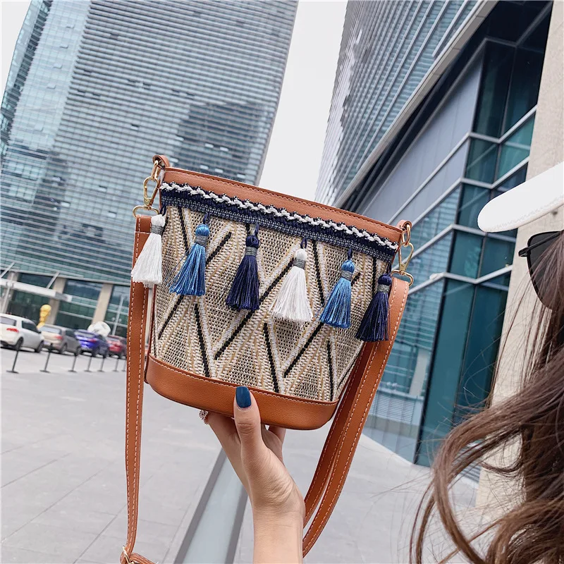 

WOMEN'S Bag 2019 New Style chao liu su Straw Bag Shoulder Diagonal WOMEN'S Bag Ethnic-Style Bucket Bag Women's