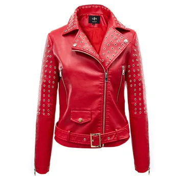 

2020 Spring New Style Korean-style Women Short Locomotive Fashion Slim Fit Leather Jacket Punk O Ring Rivets Biker Coat LF017023