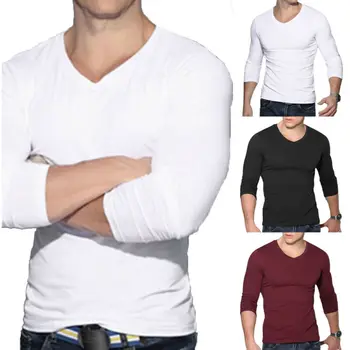 

Men's V Neck Long Sleeve Slim Bottoming Shirt Spring Autumn Casual Solid Basic Tee Shirts Tops