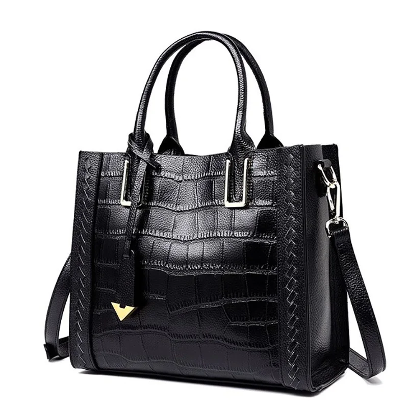 Женская Большая Сумка-тоут из натуральной кожи в стиле ретро с узором «крокодиловая кожа», женская сумка, женские классические сумки через плечо, сумка для покупок - Цвет: Черный