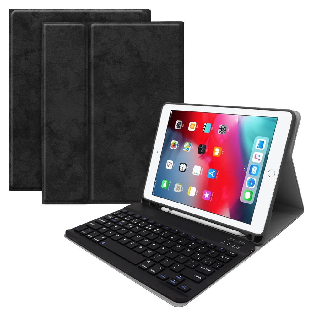 Испанская/Русская клавиатура для iPad 10,2 тканевая зернистая из искусственной кожи защитный чехол для планшета+ слот для ручки тонкая клавиатура США/Английский - Цвет: Black