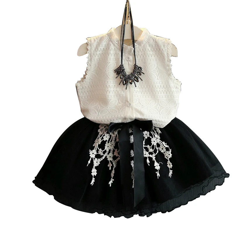 Girl Fashion Cute White Lace Floral Top Shirt Tulle Skirt Clothing Set | Мать и ребенок