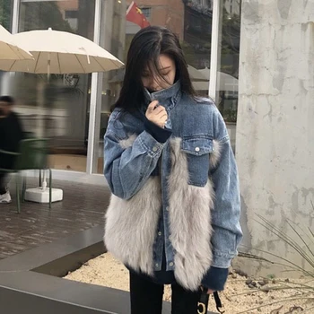 

2020 Fxfurs New Denim Splicing Coat Women's Autumn and Winter Wild Retro Hong Kong Flavor Ins Loose Faux Fur Casual Fashion