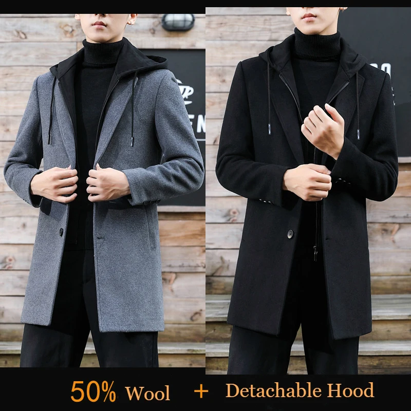 Mens Woolen Coat Detachable Hood Long Sleeve Korean Style Trendy Windbreaker Casual Slim Jacket Men Wool Blend Coat Oversize 4xl Mens Woolen Coat Detachable Hood Long Sleeve Korean Style Trendy Windbreaker Casual Slim Jacket Men Wool Blend Coat Oversize 4xl