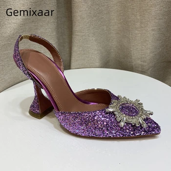 

Sexy High Goblet Heel Gladiator Sandals Women Back Strap Point Toe Bling Sequins Jeweled Sunflower Buckle Summer Shoes Woman