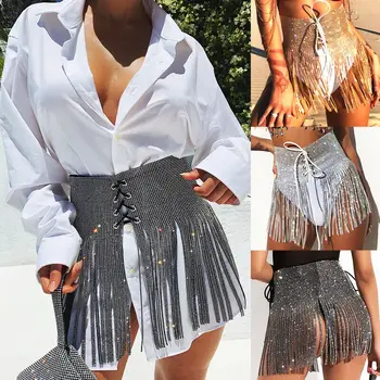 

Sequin Tassels Skirts Women Fashion Party Skirt Women Elegant Lace Up Tie Bandage High Waist Mini Skirts Female Ladies Skirt