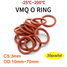 

20pcs VMQ O Ring Seal Gasket Thickness CS 3mm OD 10 ~ 70mm Silicone Rubber Insulated Waterproof Washer Round Shape Nontoxi Red