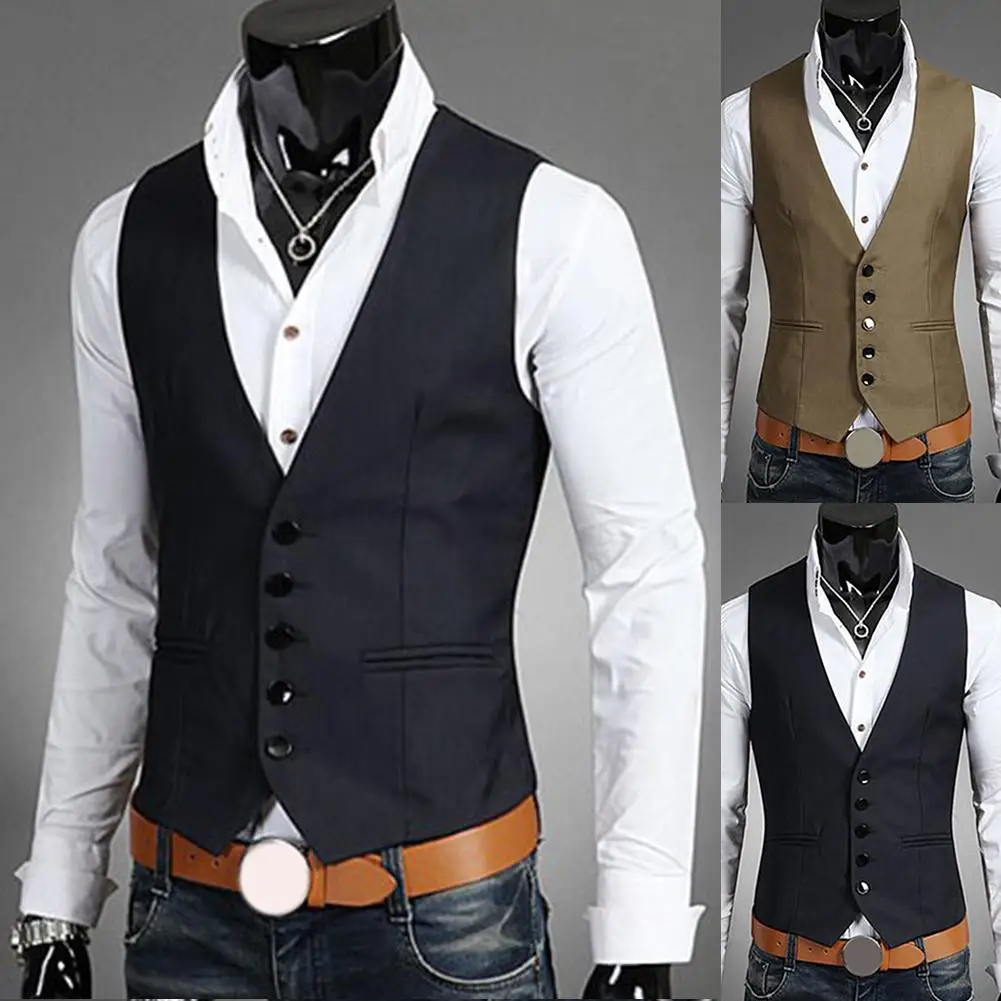 

Business Waistcoat Men's Suit Solid Color V-Neck Button Pocket Sleeveless Slim Fit Vest Formal Single Breasted Sleeveless jacket