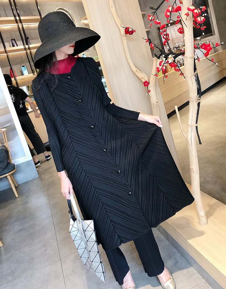 Горячая Miyake модная однотонная ветровка с круглым вырезом и длинными рукавами на одной пуговице