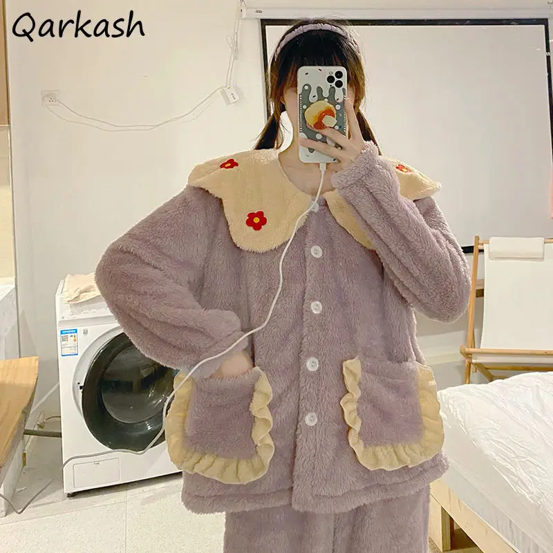 

Pajama Sets Women Pockets Winter Thick Warm 3 Colors Design Sweet Homewear Kawaii Leisure Single Breasted Popular Ladies Mujer