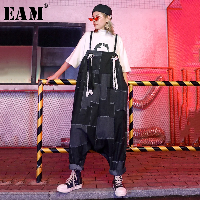 

[EAM] High Waist Denim Patch Split Long Big Size Overalls Trousers New Loose Fit Pants Women Fashion Spring Autumn 2019 1D972