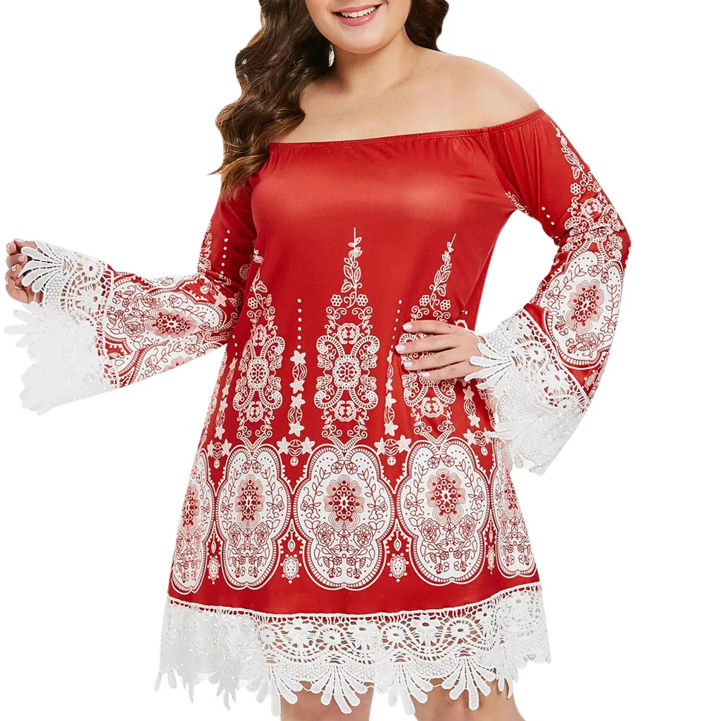 Printing Lace Loose Plus Size Dress Fashion Women Off The Shoulder Tribal Print Slash neck Insert Dress платье женское vestidos