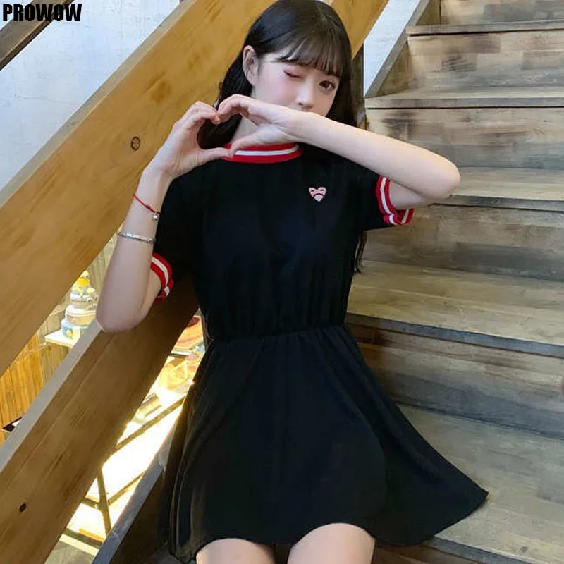 2020 Summer For Women Cute Heart Print Dress Sweet Dress Fashion Slim Short Sleeve Round Neck Harajuku Female Dress Vestidos