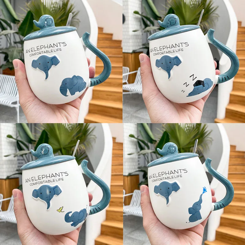 

450ml Ceramic Coffee Mugs Creative Embossed Blue Color Elephant Mug With Lid And Spoon Cup Gifts for Women Girls Mom Dad