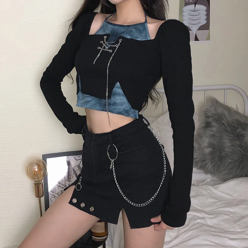 Goth Women's Long-sleeved Top Fake Two-piece Hollow Chain Short T-shirt High Street Ladies Sexy Pullover Street Wear