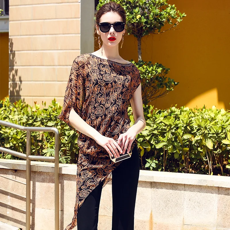 

100% Real Silk Blouse Womens Tops and Blouses Irregular Print Long Shirts Elegant Boho Summer Clothes Blusas 2020 LWL1716