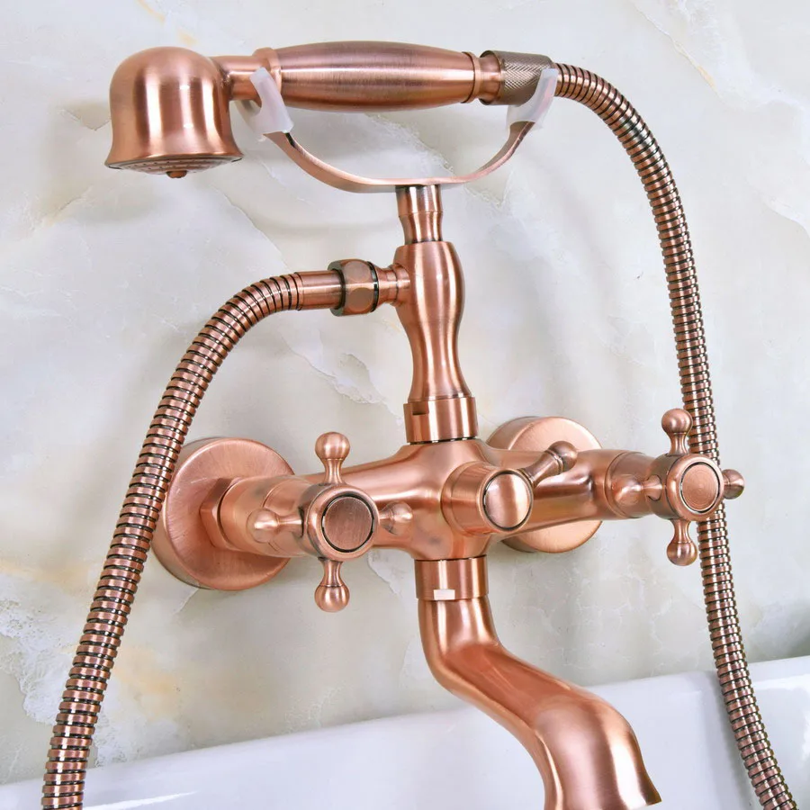 

Antique Red Copper Wall Mount Bathtub Faucet Dual Handles Swivel Spout Mixer Tap with Hand Sprayer zna339