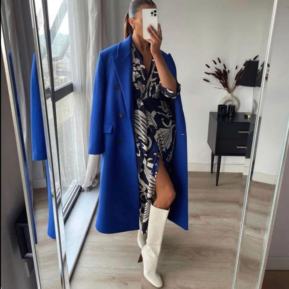 Женское пальто XEASY Осеннее шерстяное длинное куртки для женщин 2021 Синяя Женская