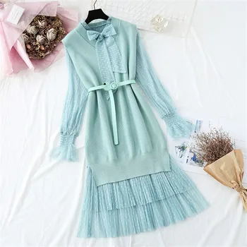 

2020 Spring new Two-piece set Knitted Dress High Quality Sweater Tops +Pleated Mesh dresses Elegant vintage Dress Vestidos D3406