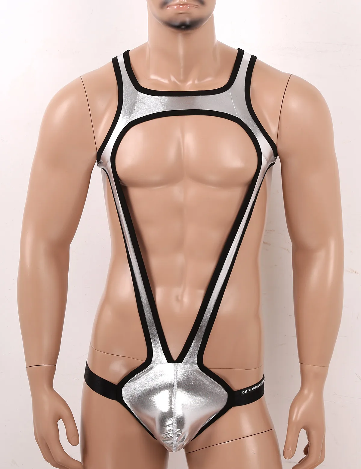 Men Undershirts Shiny Metallic Jumpsuit One-piece Wrestling Singlet Leotard Open Butt Briefs Bulge Pouch Jockstrap Gay Underwear