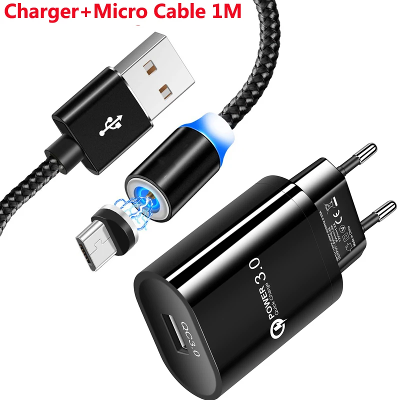 ЕС QC 3,0 быстрое USB зарядное устройство 1 м нейлоновый Магнитный Micro USB провод для быстрого заряда для Xiaomi MAX Mix 4 Redmi Note 2 3 huawei Y7 - Тип штекера: Charger and Cable