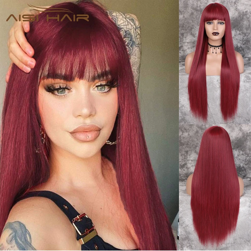 AISI HAIR 30 дюймов прямой длинный парик красный с челкой три цвета термостойкие