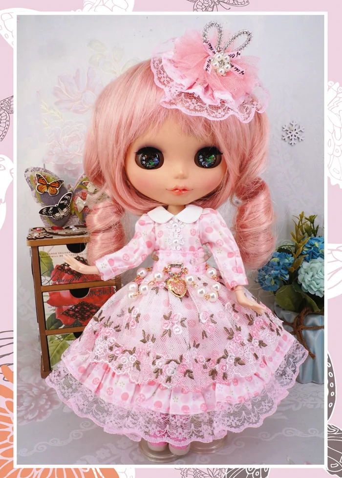 Одежда для 1/6 blyth doll, розовое кружевное платье с цветочным принтом, подходит для Pullip, Licca, Azone 1/6, аксессуары для кукольной одежды