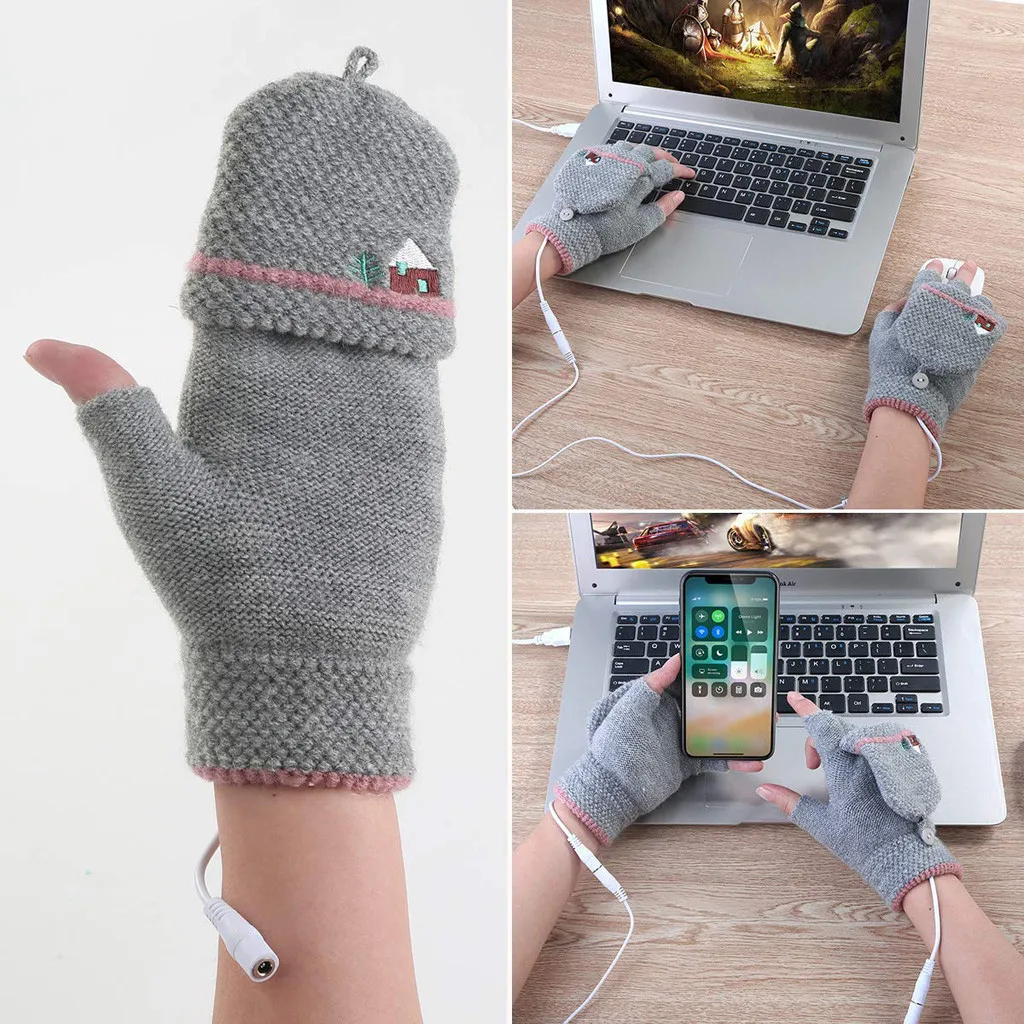 2019 новейшие перчатки для женщин и мужчин с USB подогревом варежки полный и половина пальцев Зимний теплый вязаный перчатки для рук @ 9